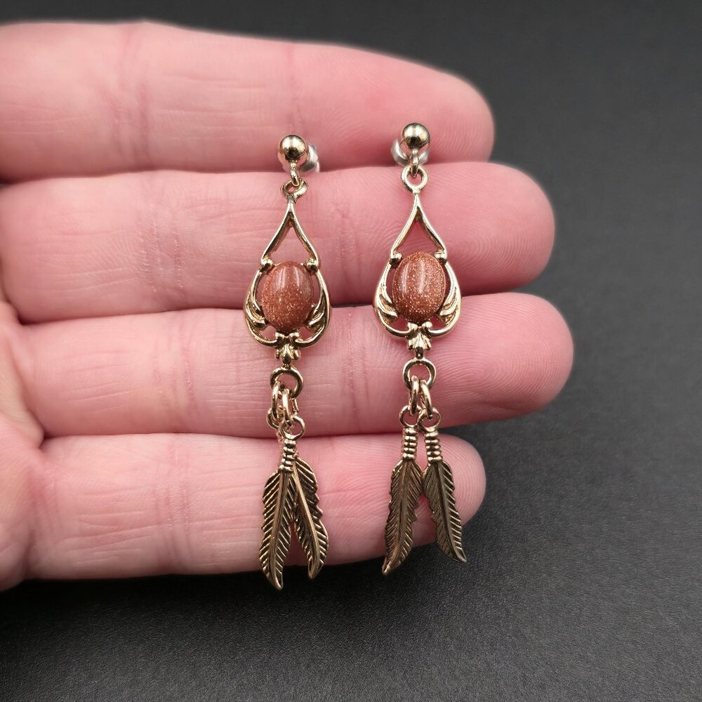 Gold Plated Brown Goldstone Feather Dangle Earrings A6851